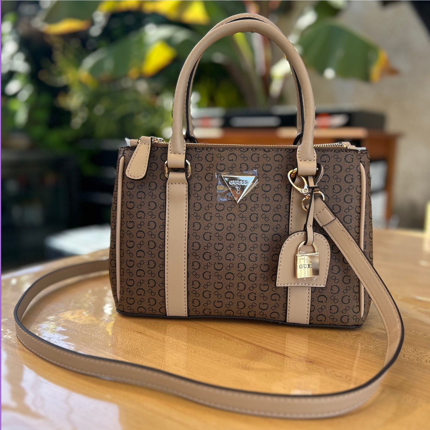 Handbag Guess Dark Brown, Brown & Beige